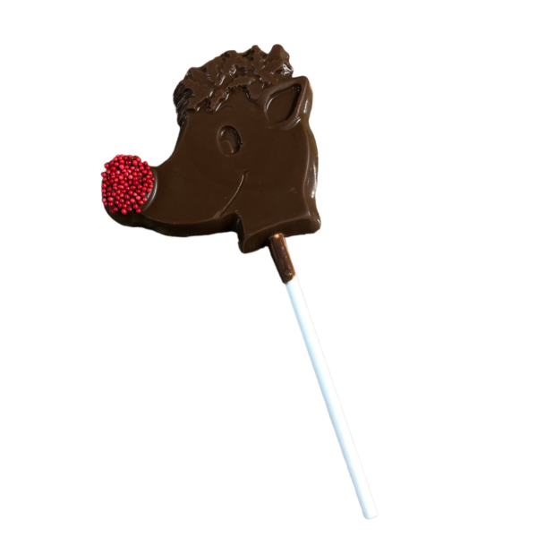 chocolate pop shaped like rudolph with a red nose