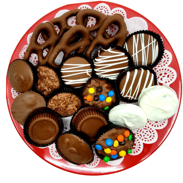 red tray with individual chocolate pieces