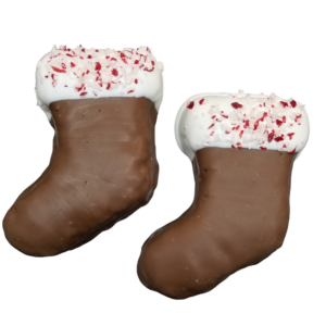 rice krispy treat shaped into a stocking and covered with chocolate