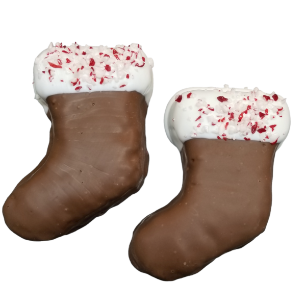 rice krispy treat shaped into a stocking and covered with chocolate
