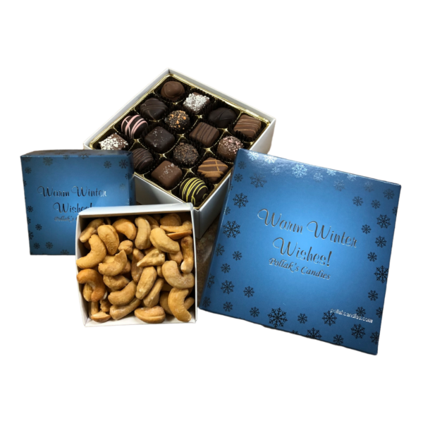 gift set with boxes filled with giant roasted cashew nuts and assorted chocolates