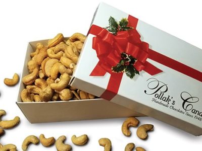 white box filled with fresh roasted jumbo cashew nuts