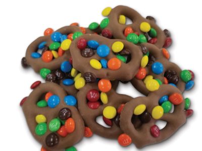 milk chocolate mini pretzels sprinkled with m&M's