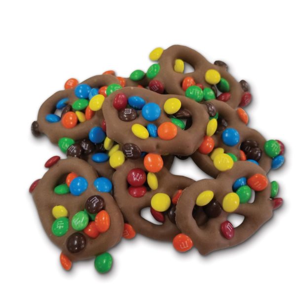 milk chocolate mini pretzels sprinkled with m&M's