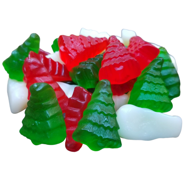 red, white and green gummi snowmen and trees