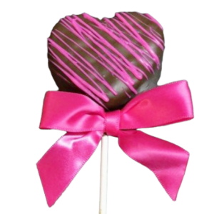 rice krispy treat heart covered in milk chocolate and striped pink