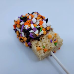 Rice Krispy treat Pop dipped in choc and covered with sprinkles