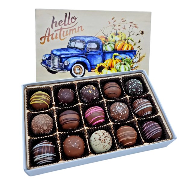 hello autumn box filled with colorful chocolate truffles