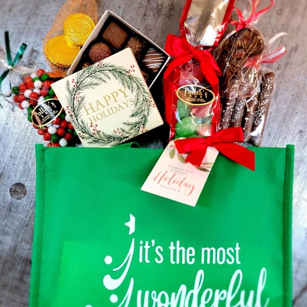 christmas tote bag with chocolate candies