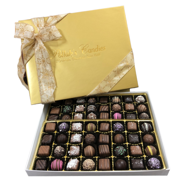 gold collection box filled with caramels and truffles