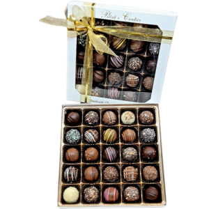 square box with 25 colorful truffles