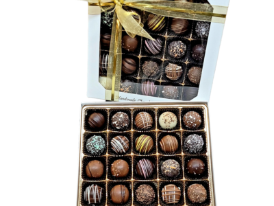 square box with 25 colorful truffles