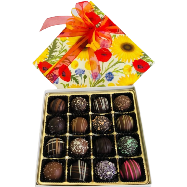 Red and yellow flower bouquet box filled with colorful truffles
