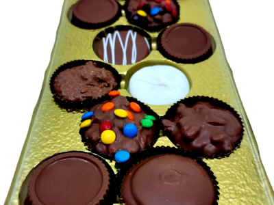 round chocolate pieces with assorted fillings