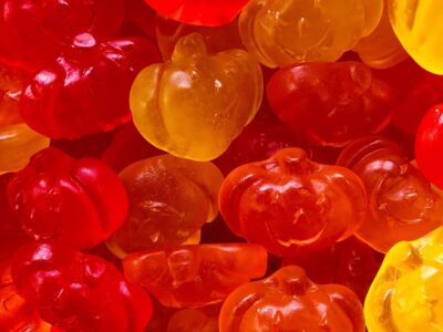 red, orange and yellow gummi pumpkins