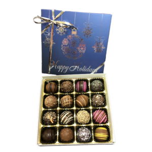 Blue box with ornaments filled with truffles