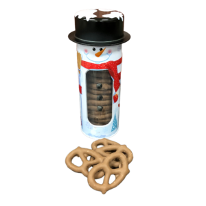 milk chocolate covered pretzels in an adorable snowman tin