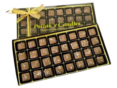 salted caramels in a clear lid box
